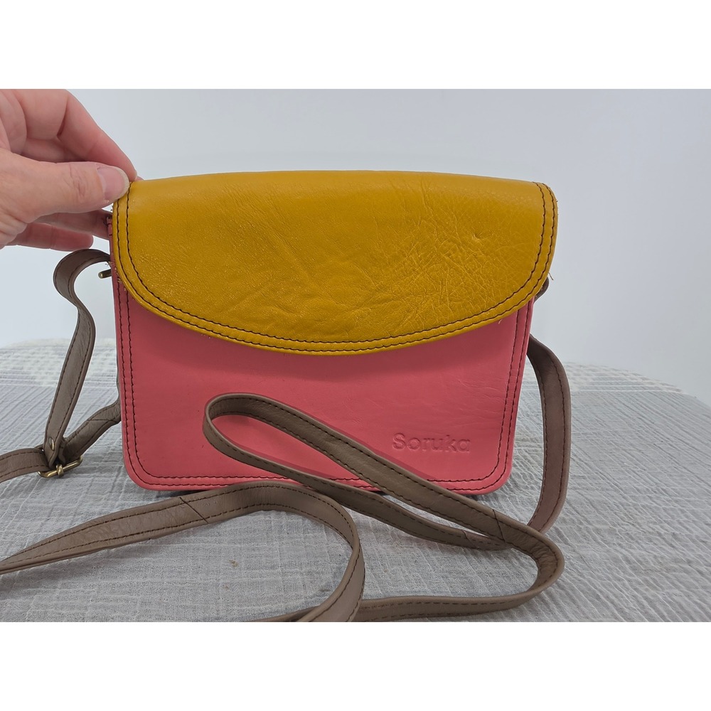 Soruka Recycled Leather Crossbody Bag Pink Yellow Grey Colorblock Small Handbag